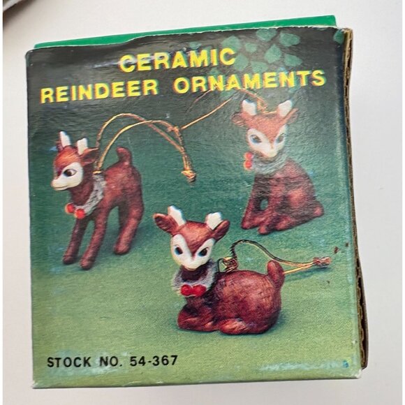 Vintage Mini Reindeer Christmas Tree Ornaments Set Of 3 Ceramic Original Box - Picture 4 of 10